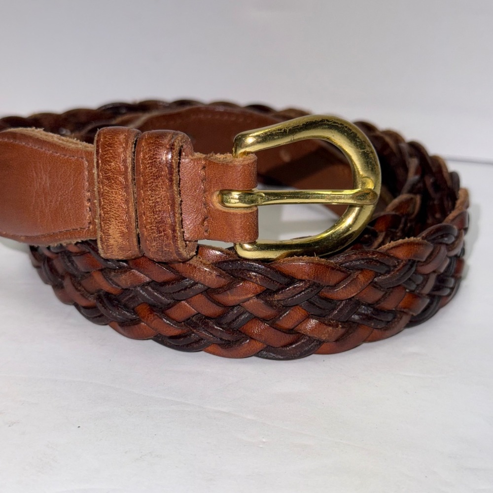 Coach Woven Belt Mens 36 British Tan Braided Leather Brass Buckle 3850